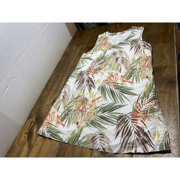 J. Jill Love Linen Cream Tropical Leaf Print Sleeveless Linen Dress Size Large - Picture 1 of 10